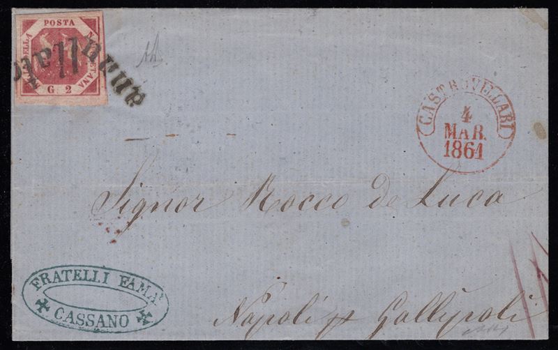 Busta postale da Castrovillari a Gallipoli, affrancata con 2gr. carminio n.7f, con svolazzo tipo ...