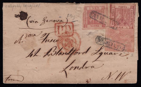 Napoli - Storia Postale, affrancatura tricolore 20gr. + 5gr. + 1gr. per Londra.