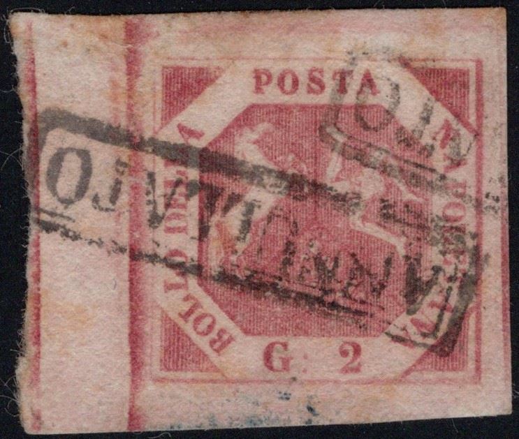 Francobollo di Napoli, 2gr. III tavola, carminio n.7d con interspazio di gruppo a sinistra