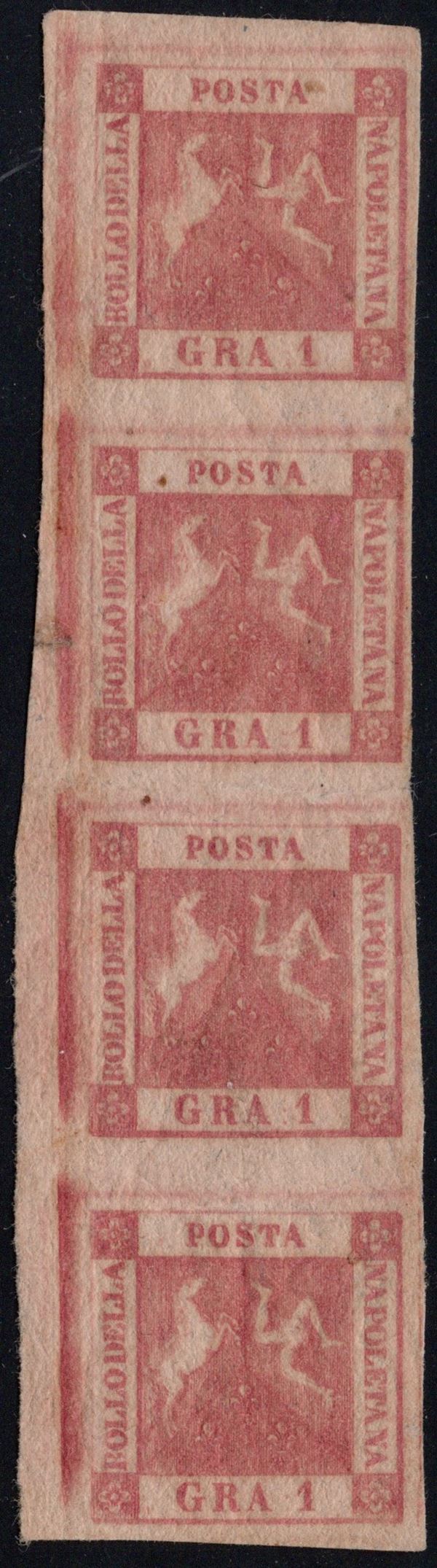 Napoli - 1gr. II tav. striscia di 4 nuova con gomma e bordo di interspazio a sinistra.