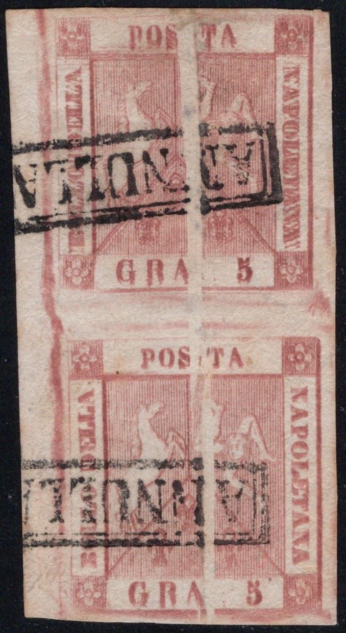 Napoli, 5 gr. rosa mattone n.8b in coppia verticale con Pl' D'accordeon e quadrupla incisione
