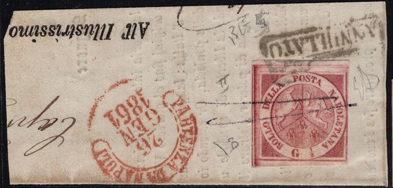 Frammento di Napoli, 1/2 grammo di carminio vivo, annullato a penna, 1858