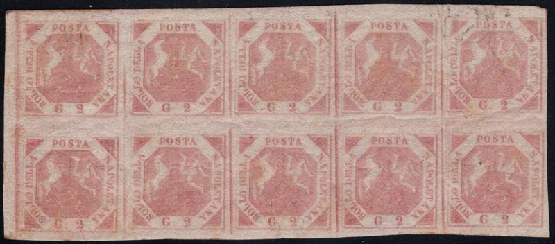 Napoli, 2 gr. rosa chiaro III tav. n.7b, blocco di 10 esemplari nuovo con gomma integra MNH