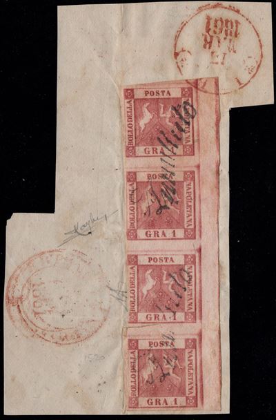 Napoli, 1858 - 1 gr., Striscia verticale di quattro con interspazio di gruppo a destra