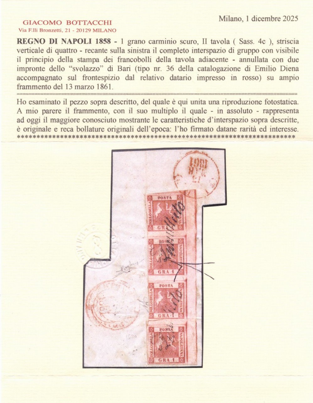 Napoli, 1858 - 1 gr., Striscia verticale di quattro con interspazio di gruppo a destra