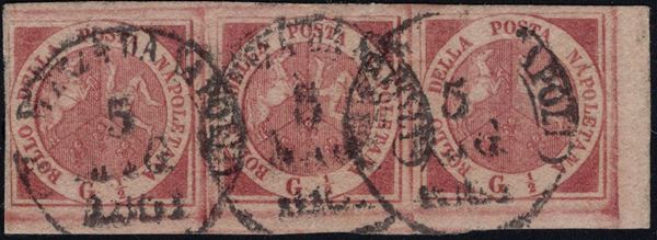 Naples - 1/2gr. II plate bright carmine in strips of three.