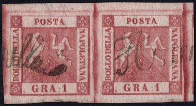 Bolaffi (Alberto Diena), Napoli, 1 gr. carminio scuro (II tav.), coppia