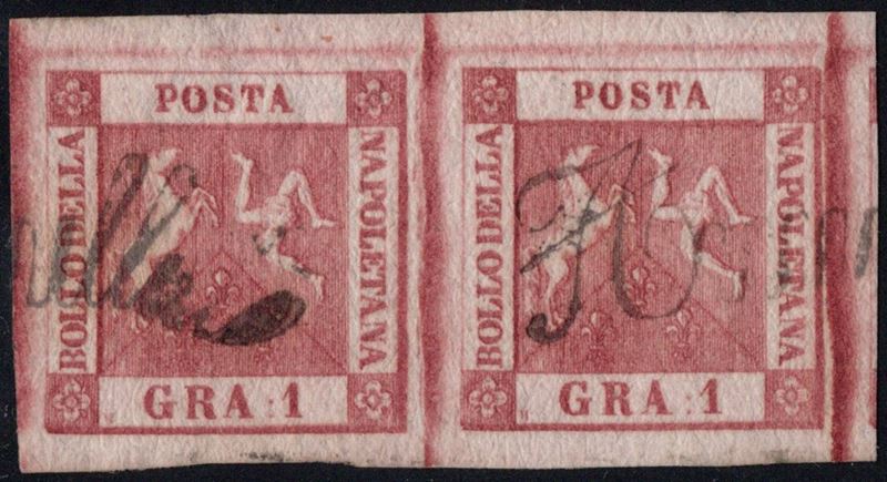 Bolaffi (Alberto Diena), Napoli, 1 gr. carminio scuro (II tav.), coppia