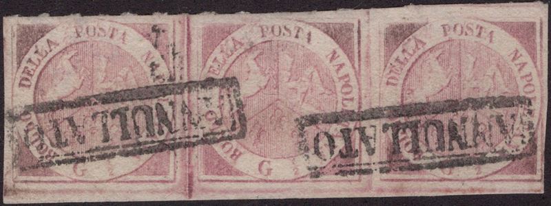 Napoli, Tabacchi di Stato 1/2 gr. - Tav. n.1 in striscia di tre, 1858