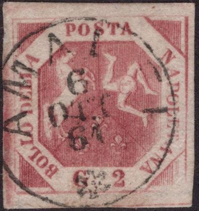 Napoli, Annullamenti su 2 gr. III tavola, carminio cupo (pos. 93, angolo inferiore destro incompl...