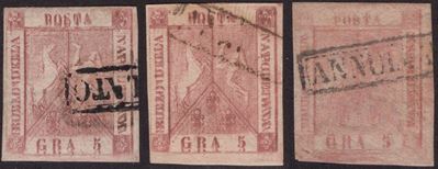 Napoli, Incisioni multiple del 5 gr, tre esemplari con firme di noti periti, 1858