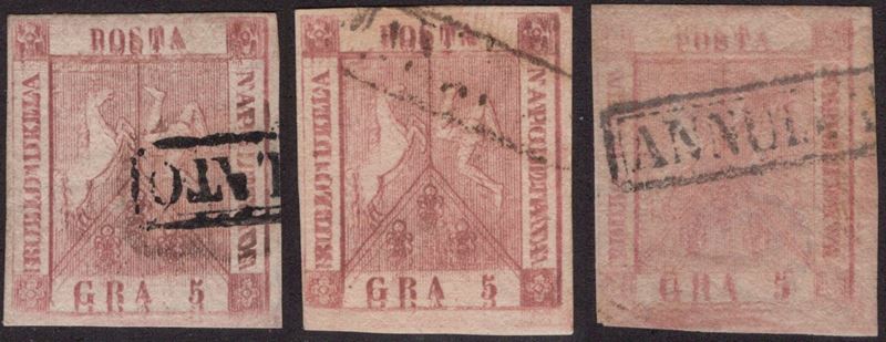 Napoli, Incisioni multiple del 5 gr, tre esemplari con firme di noti periti, 1858