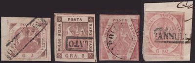 Filigrana Lettere, Napoli, 1858 - Esemplari da 50gr., 10gr., 5gr. e 2gr.