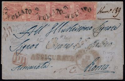 Arienzo, Lettera assicurata da Napoli a Roma con affrancatura di quattro esemplari del 5 gr. II t...