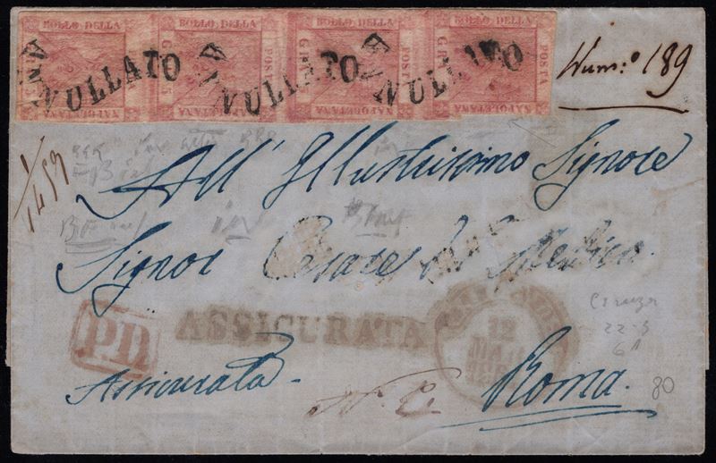 Arienzo, Lettera assicurata da Napoli a Roma con affrancatura di quattro esemplari del 5 gr. II t...