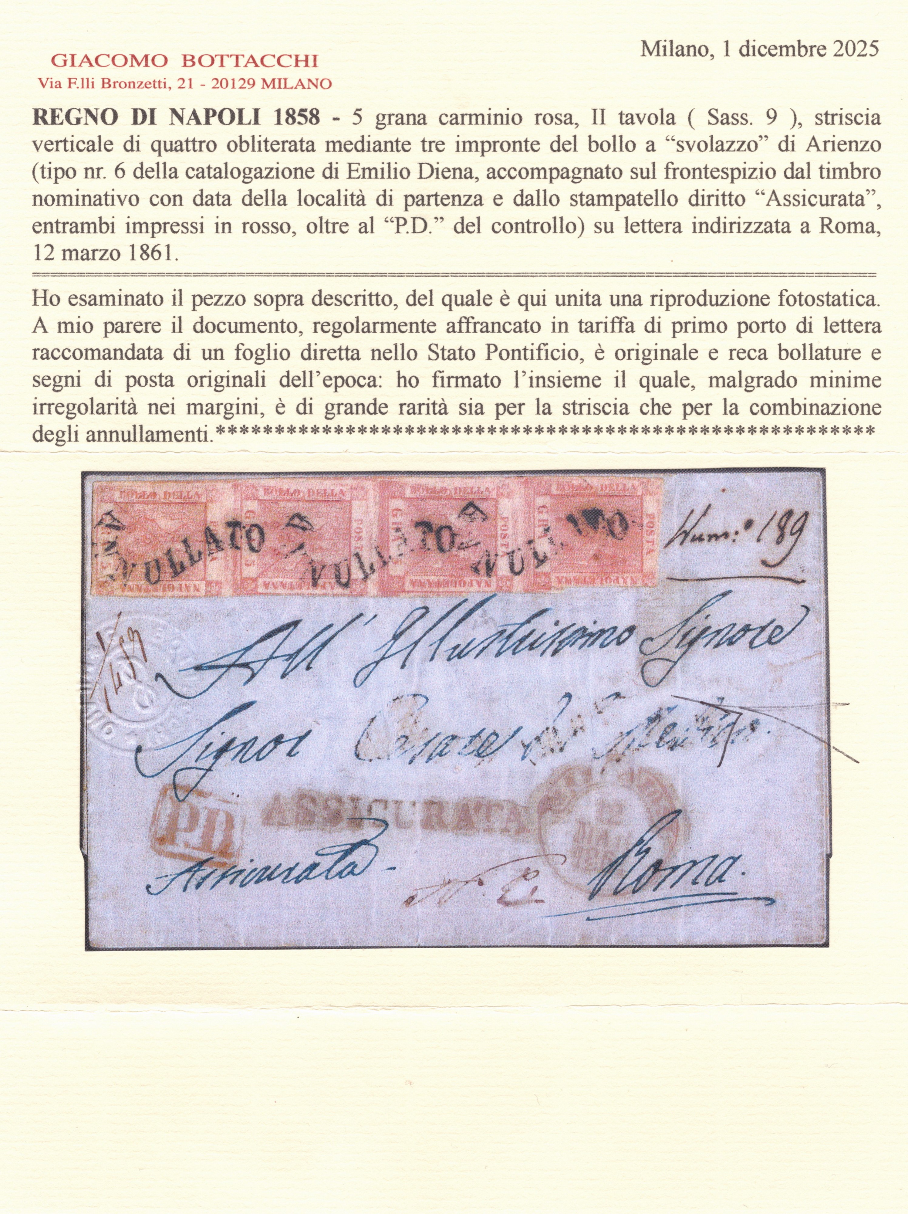 Arienzo, Lettera assicurata da Napoli a Roma con affrancatura di quattro esemplari del 5 gr. II t...