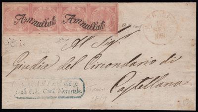 Italia, Busta spedita da Trani per Castellana affrancata con striscia di 4 del 1/2gr. Rosa II tav...
