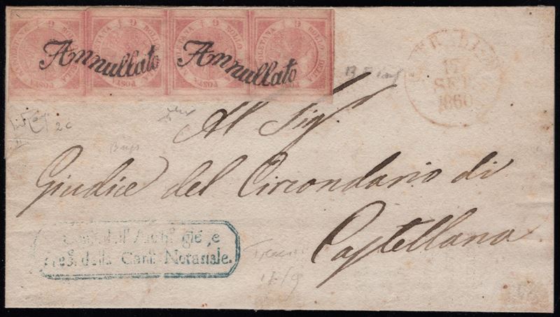 Italia, Busta spedita da Trani per Castellana affrancata con striscia di 4 del 1/2gr. Rosa II tav...