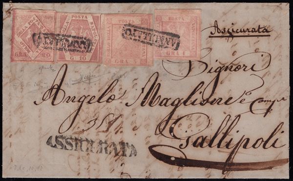 Naples - Postal History, "Quadricolore" postage on insured mail for Gallipoli.