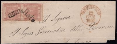 Frammento di lettera, Napoli - Svolazzi e Mignano (pt.R1), affrancato con coppia del 1 gr. II tav...