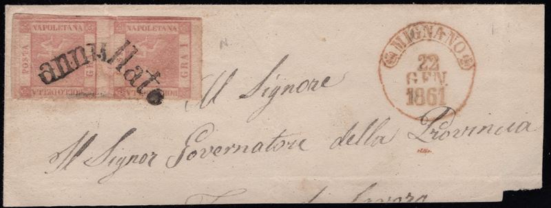 Frammento di lettera, Napoli - Svolazzi e Mignano (pt.R1), affrancato con coppia del 1 gr. II tav...