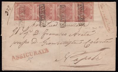 Storia postale, Busta Assicurata da Brindisi per Napoli, affrancata con striscia di quattro esemp...
