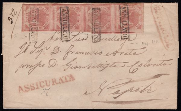 Napoli - Storia postale, 2gr. II tav. in striscia di 4 su assicurata da Brindisi