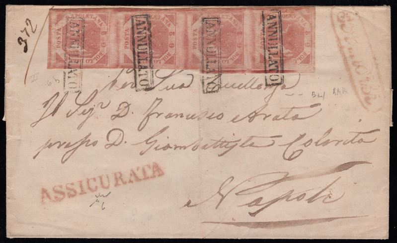 Storia postale, Busta Assicurata da Brindisi per Napoli, affrancata con striscia di quattro esemp...
