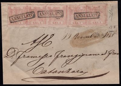 Filigrana BT, Fronte di lettera affrancata con striscia di cinque del 1 gr. rosa chiaro, 1858