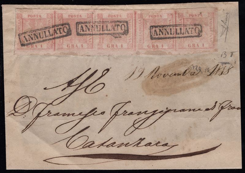 Filigrana BT, Fronte di lettera affrancata con striscia di cinque del 1 gr. rosa chiaro, 1858