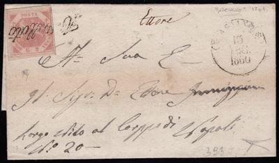 Lettera di Ariano a Napoli con affrancatura 2 gr. tipo Svolazzi, 1860