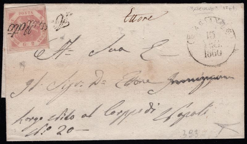 Lettera di Ariano a Napoli con affrancatura 2 gr. tipo Svolazzi, 1860