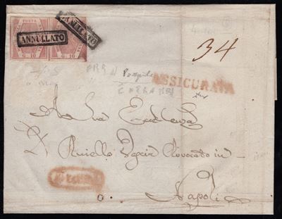 Chiavarello, Fiecchi, Napoli – Storia postale, coppia di francobolli del 10 gr (I tipo n.10)