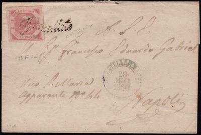 Busta spedita da Castellammare a Napoli, 1860 - affrancatura con 2gr. rosa carminio n.5d