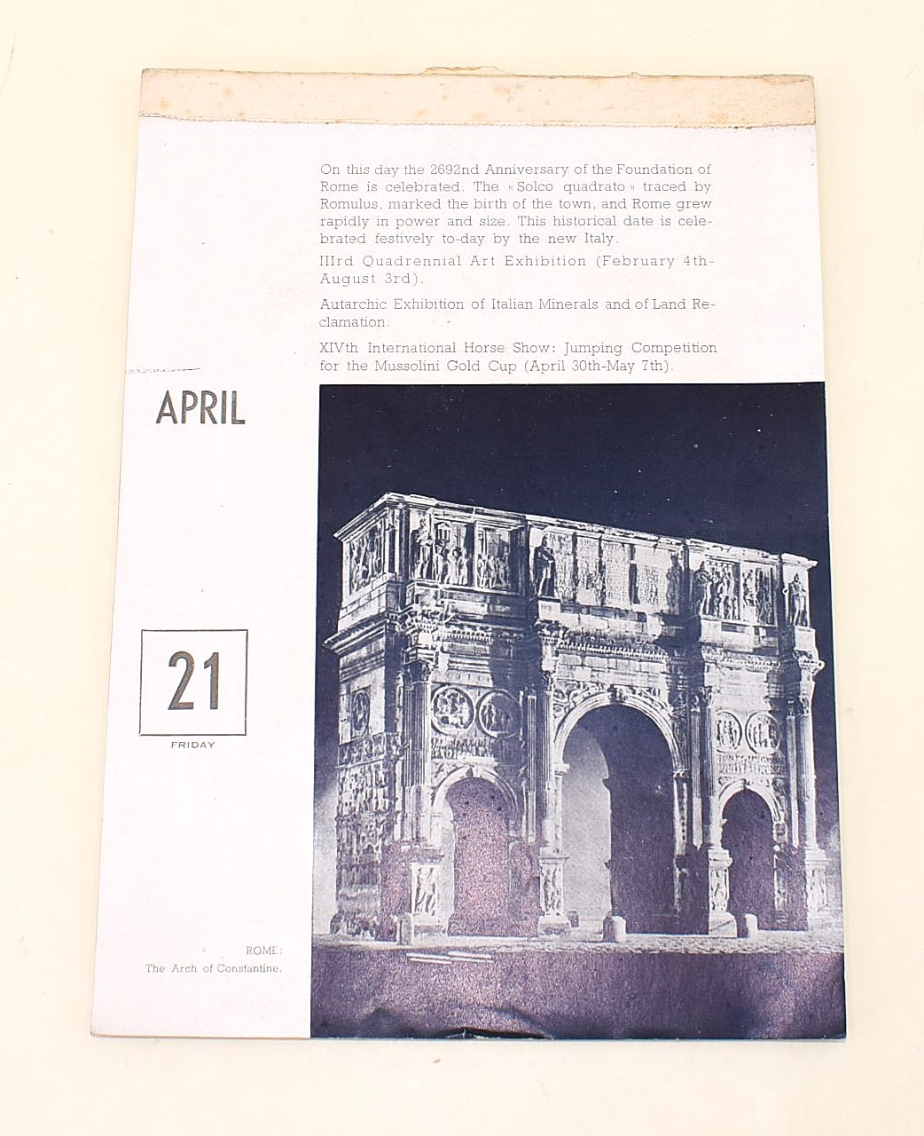 Calendario turistico italiano, 21 aprile - 31 dicembre 1939