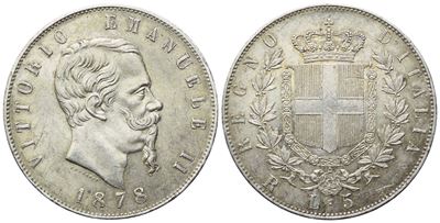 Vittorio Emanuele II, 5 Lire 1878 (Regno d’Italia) — argento, 25 g