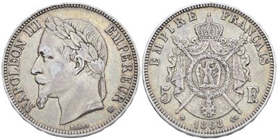 Francia. Strasburgo. Napoleone III (1852-1870). 5 Franchi 1868. "bb". Km 799; Ag; 25gr. Bb
