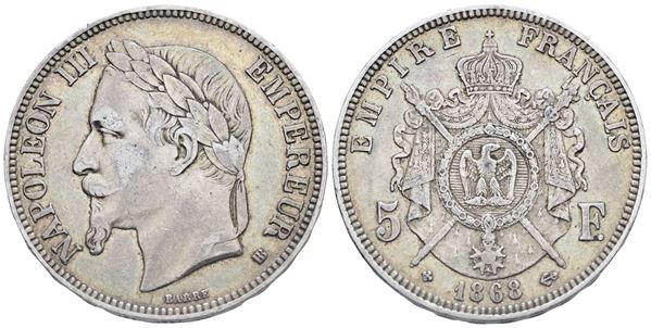 FRANCIA. STRASBURGO. Napoleone III (1852-1870). 5 franchi 1868. "BB". KM 799; Ag; 25gr. BB