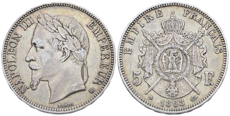Francia. Strasburgo. Napoleone III (1852-1870). 5 Franchi 1868. "bb". Km 799; Ag; 25gr. Bb