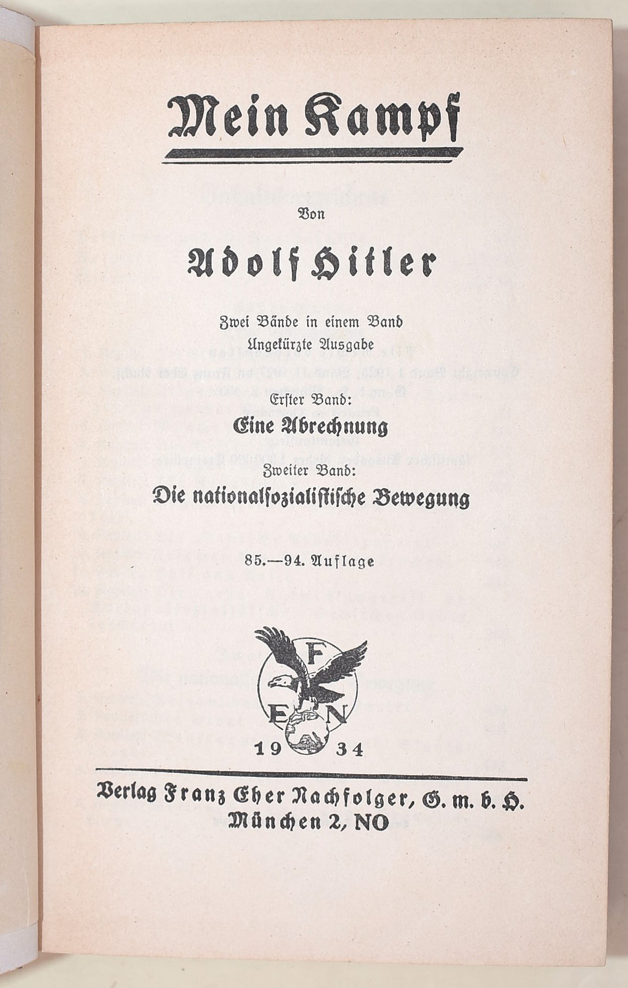 Hitler, Adolf: Mein Kampf, edizione tedesca originale, Muchen, Franz Cher Nach Floger, 1934