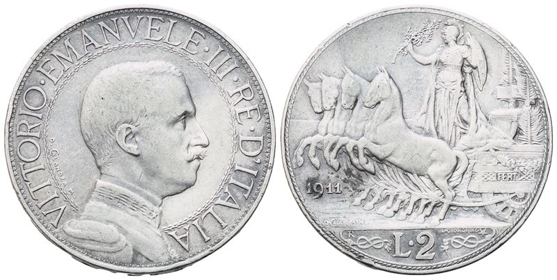 Vittorio Emanuele III, 2 Lire 1911, rovescio e contorno decorato