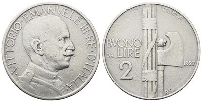 Regno D'italia. Vittorio Emanuele III (1900-1943). Buono da 2 Lire 1927; Ni (10 G; 28,5 MM). Bb