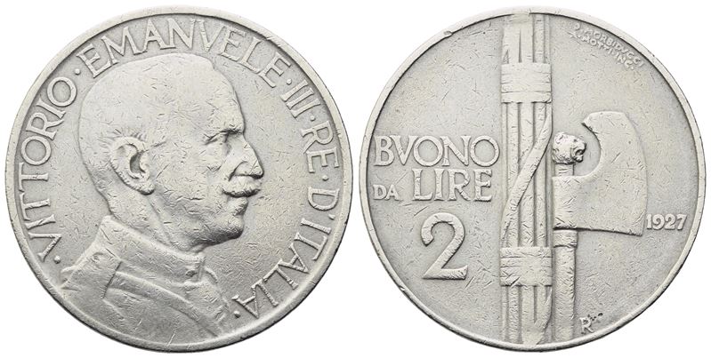 Regno D'italia. Vittorio Emanuele III (1900-1943). Buono da 2 Lire 1927; Ni (10 G; 28,5 MM). Bb