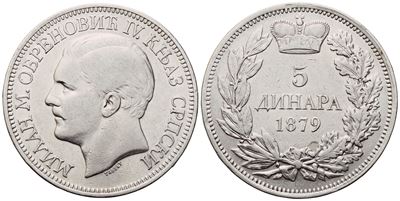 Serbia. Milan Obrenović IV (1868-1882), 5 Dinara, Vienna, 1879; Ag (24,99 G; 37 MM; 12 H). Bb+