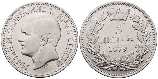 SERBIA. Milan Obrenović IV (1868-1882), 5 Dinara, Vienna, 1879; Ag (24,99 g; 37 mm; 12 h). BB+