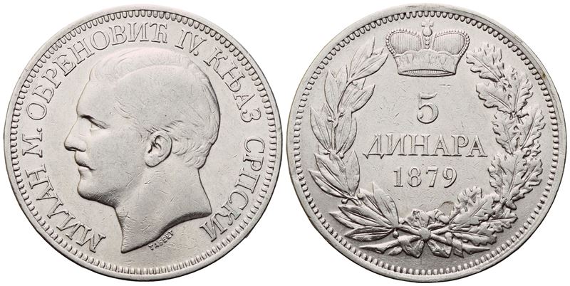 Serbia. Milan Obrenović IV (1868-1882), 5 Dinara, Vienna, 1879; Ag (24,99 G; 37 MM; 12 H). Bb+