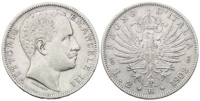 Regno D'italia. Vittorio Emanuele III (1900-1943). 2 Lire 1902; Ag (10 G; 26,8 MM). Bb+