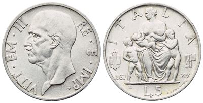 Vittorio Emanuele III, 5 Lire 1937 (Regno d’Italia) – Ag. 900