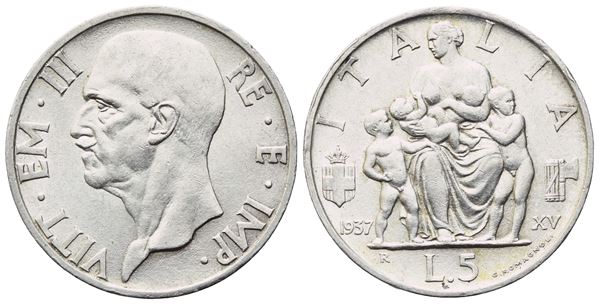 REGNO D'ITALIA. Vittorio Emanuele III (1900-1943). 5 Lire 1937; Ag (5,04 g; 22,7 mm; 6 h)