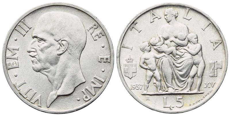 Vittorio Emanuele III, 5 Lire 1937 (Regno d’Italia) – Ag. 900